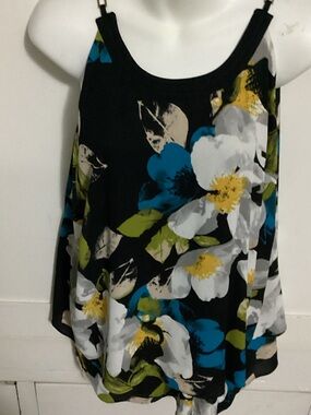 Worthington Black Floral Scoop Neck Camisole with Blue and White Blooms size 1X